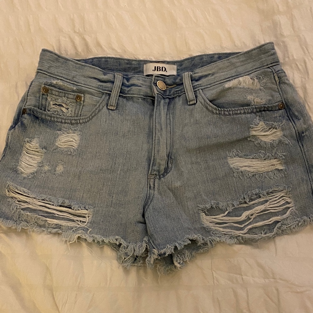 Distressed Denim Shorts - Light Blue